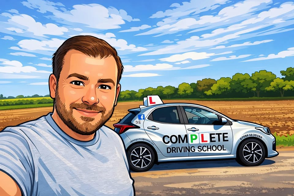 Driving lesson on a UK country road at sunset